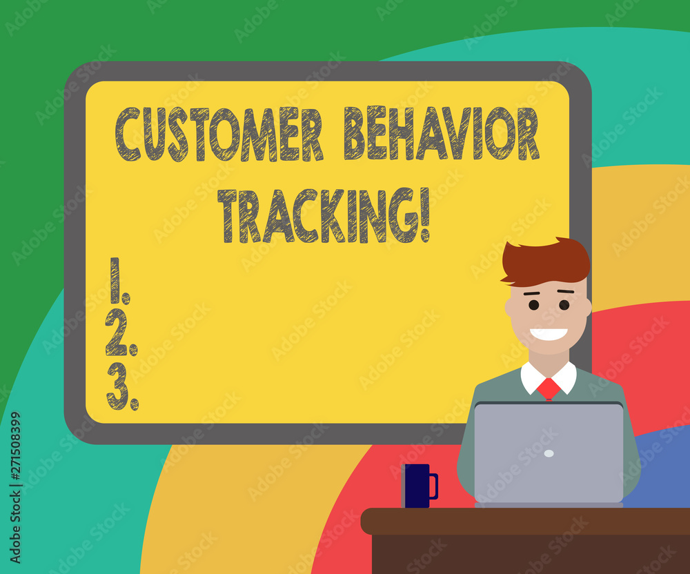 Conceptual hand writing showing Customer Behavior Tracking. Business photo showcasing Action that a user takes related to your company Bordered Board behind Man Smiling with Laptop Mug on Desk Conceptual hand writing showing Customer Behavior Tracking. Business photo showcasing Action that a user takes related to your company Bordered Board behind Man Smiling with Laptop Mug on Desk