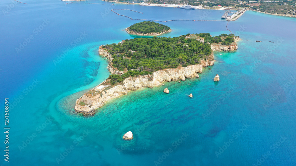 Naklejka premium Aerial drone photo of famous Venetian fortified islet of Souda featuring small chapel of Agios Nikolaos, Chania, Crete island, Greece