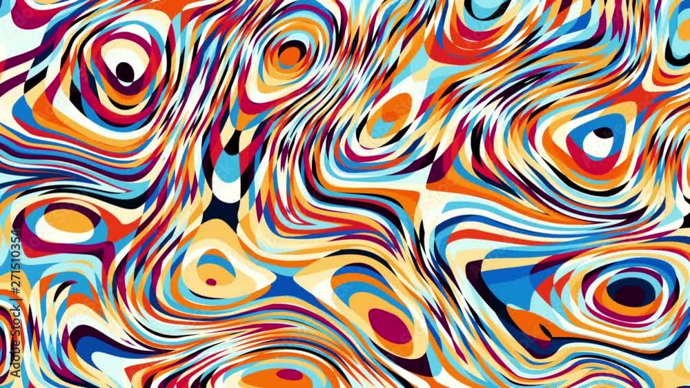 Moving random wavy texture. Transform abstract from curved shapes to geometric shapes. Mixing colors. Looping footage.