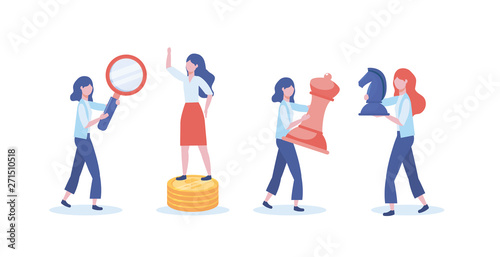 set of businesswomen with magnifying glass and queen with horse chess