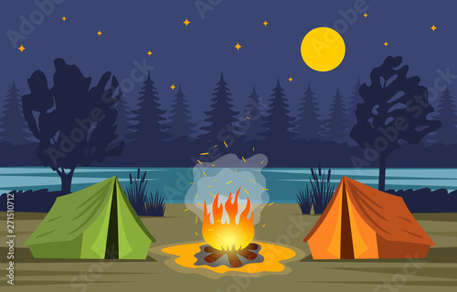 Evening forest landscape in the summer camp. Nature, forest, bonfire, tent are symbols of green tourism. vector illustration. Vacation and nature vacations concept.