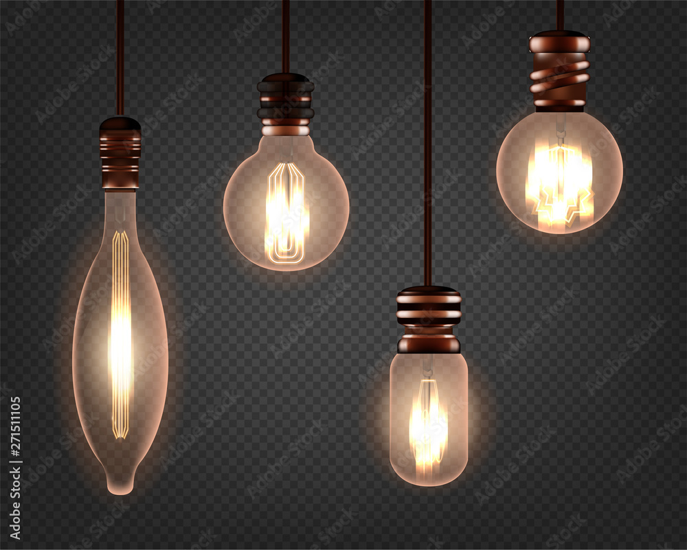 Set of vintage spiral Edison light bulb. Realistic retro lamp with soft  amber hue glowing. Isolated on a transparent background. Vector  illustration. Stock Vector | Adobe Stock