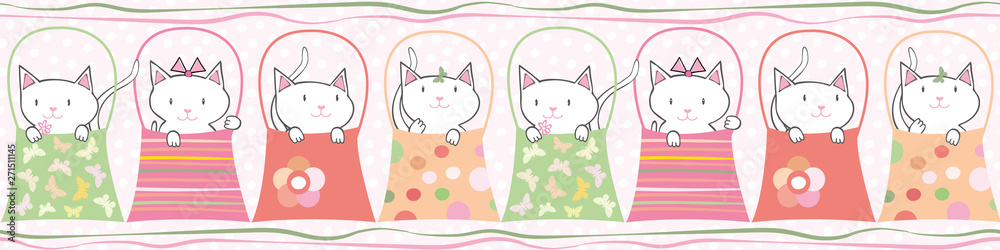 Cute hand drawn cats in handbags in pastel geometric seamless vector border With subtle polka dot background and horizontal ribbons. Great for children, birthdays, party, invitations, edging, labels