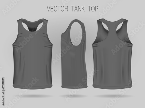 Men's gray tank top template in three dimensions: front, side and back view. Blank of realistic male sport shirts