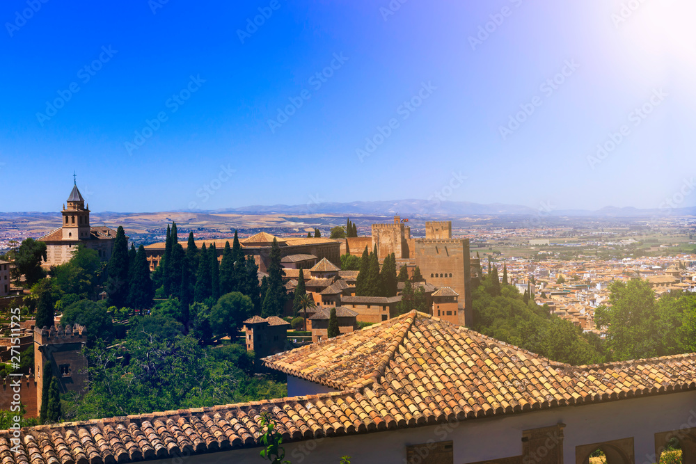 Beautiful Alhambra palace and surrounding mountains in Granada, Spain.
