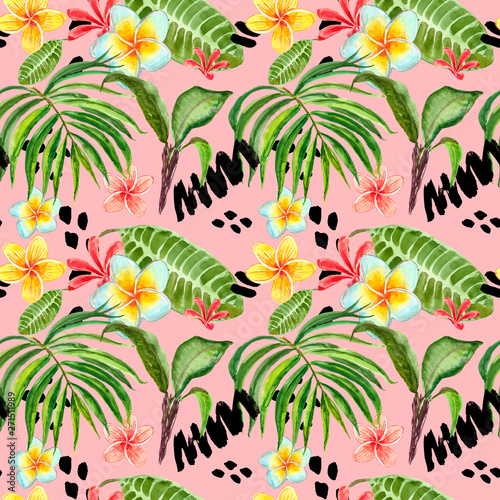Wallpaper Mural Watercolor tropical leaves seamless pattern. Hand painted palm leaf, exotic plumeria flowers and green foliage on bright pink background. Summer print. Torontodigital.ca