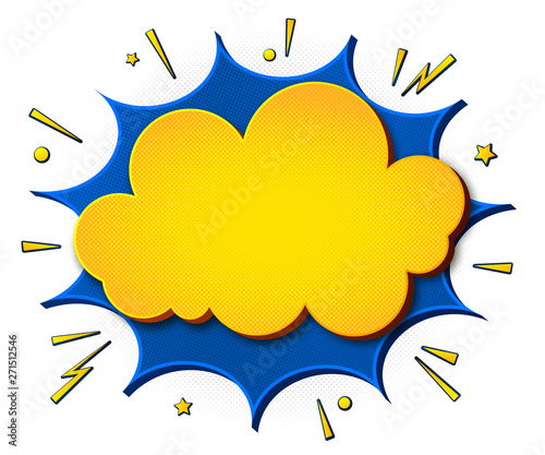 Comics background. Cartoon poster in pop art style with yellow-blue speech bubbles with halftone and sound effects. Funny colorful banner with place for text on white backdrop