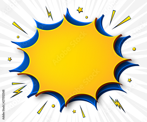 Comics background. Cartoon poster in pop art style with yellow-blue speech bubbles with halftone and sound effects. Funny colorful banner with place for text on white backdrop with radial stripes
