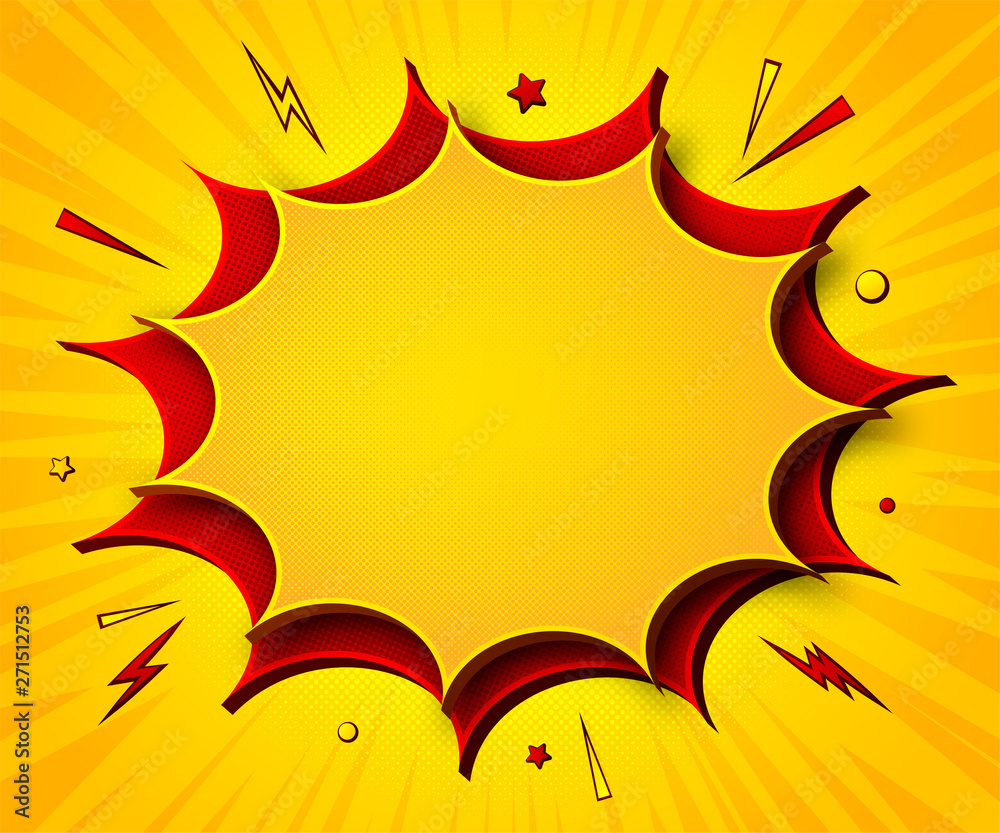 Comics background. Cartoon poster in pop art style with yellow-red speech bubbles with halftone and sound effects. Funny colorful banner with place for text on bright backdrop with radial stripes Comics background. Cartoon poster in pop art style with yellow-red speech bubbles with halftone and sound effects. Funny colorful banner with place for text on bright backdrop with radial stripes