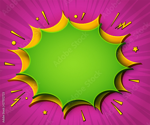 Comics background. Cartoon poster in pop art style with yellow-green speech bubbles with halftone and sound effects. Funny colorful banner with place for text on purple backdrop with radial stripes