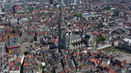 Aerial view of cityscape of Antwerp, gothic style landmark Cathedral of Our Lady (Onze-Lieve-Vrouwekathedraal Antwerpen) in historic center of city - landscape panorama of Belgium from above, Europe photo