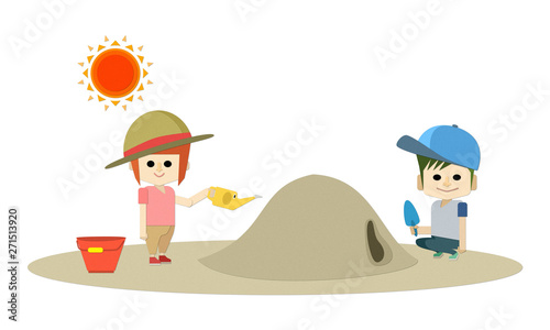 男の子と女の子の子ども2人が暑い夏の砂場で帽子をかぶって熱中症対策して遊んでいるイラスト Stock ベクター Adobe Stock