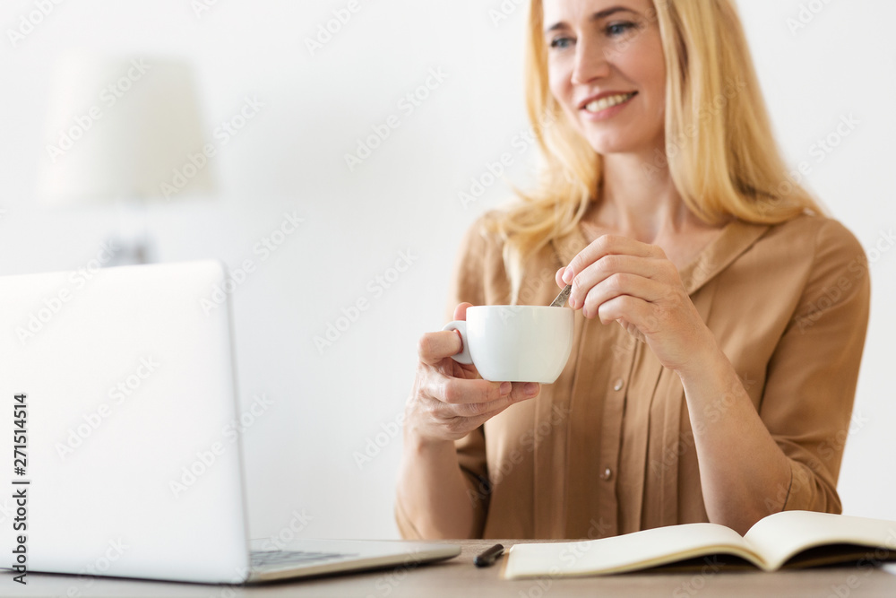 Time For Coffee Break. Entrepreneur Working On Laptop Time For Coffee Break. Entrepreneur Working On Laptop