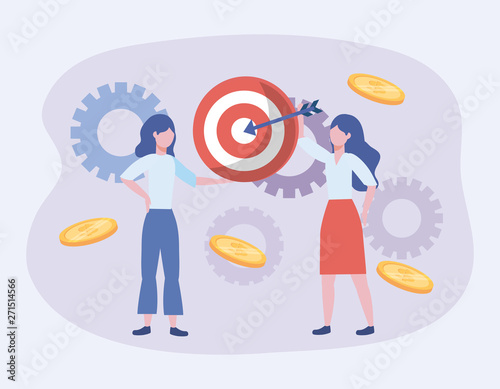 businesswomen and target with arrow and coins with gears