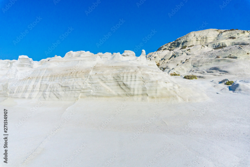 Amazing white volcanic rocks formatting a moonscape at Sarakiniko beach in Milos, Greece