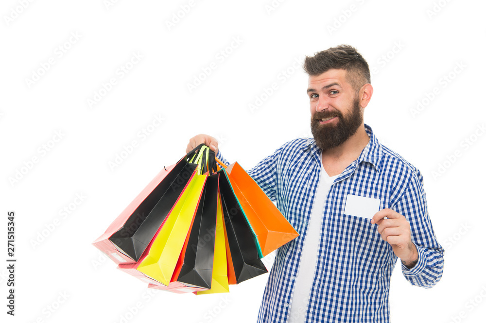 Fair trade competition and accurate information in marketplace. Safe shopping. Consumer protection concept. Man happy consumer hold shopping bags and bank card. Consumer protection laws ensure rights Fair trade competition and accurate information in marketplace. Safe shopping. Consumer protection concept. Man happy consumer hold shopping bags and bank card. Consumer protection laws ensure rights