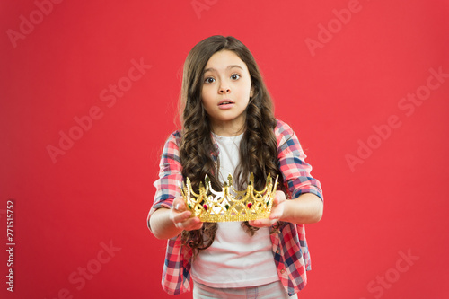 This is for you. Take it. Happiness and joy. Kid wear golden crown symbol of princess. Girl cute baby wear crown. Become princess concept. Every girl dreaming to be princess. Lady little princess photo