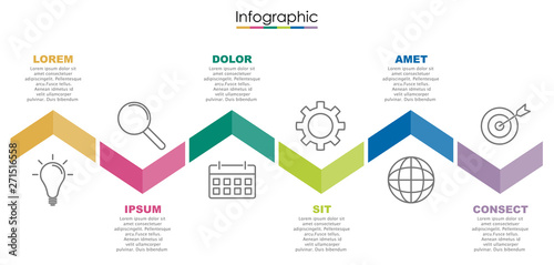 Vector infographic template with six steps or options. Illustration presentation with line elements icons.  Business concept design can be used for web, brochure, diagram, chart or banner layout.