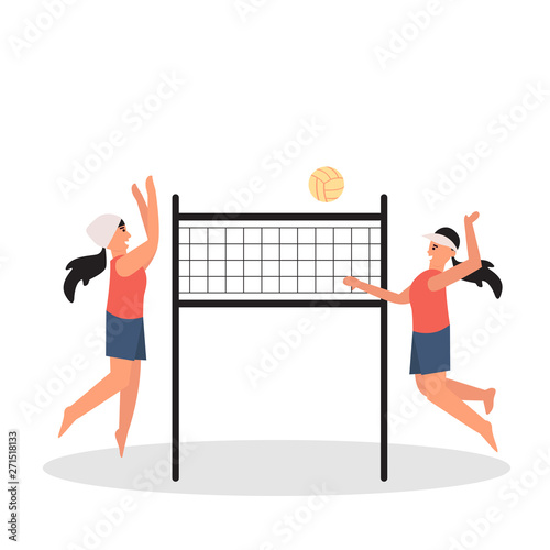 People having fun playing volleyball on the beach vector illustration. Active seabeach sport. 