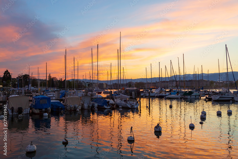 View of Geneva City and Lake Geneva Port after sunset