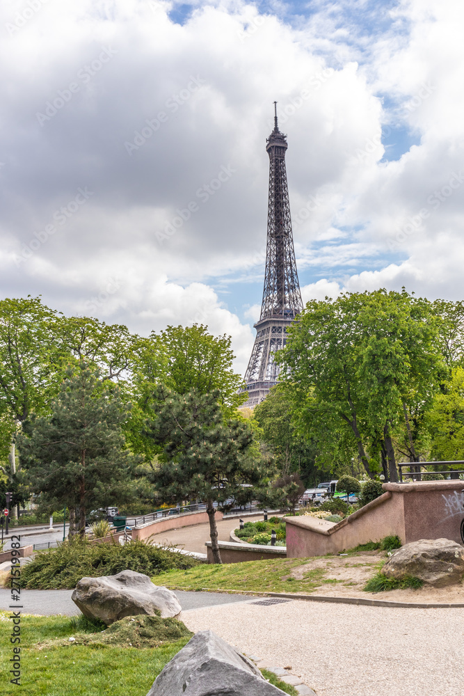 Paris, France - APRIL 9, 2019: Eifel tower seen from a different angle