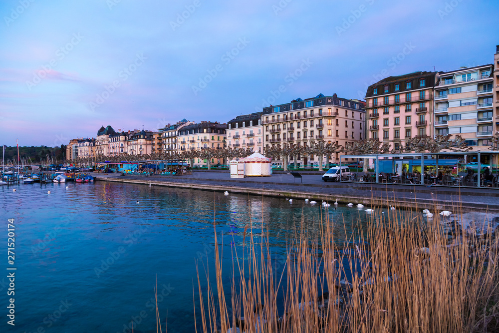 Geneva Lake shore in Geneva City after sunset