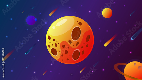 Big planet with craters. vector illustration. Space background with stars, planet and comets. Decoration for design.