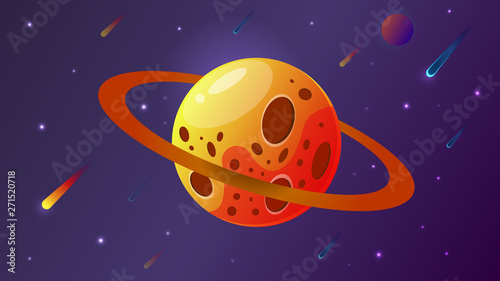 Big planet with craters. vector illustration. Space background with stars, planet and comets. Decoration for design.