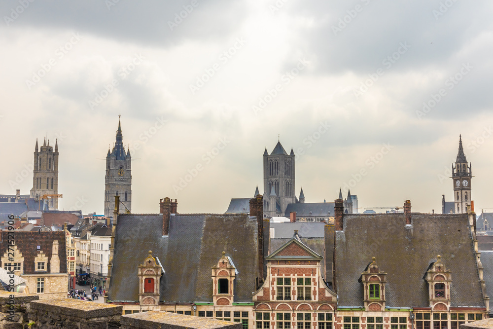 Ghent, Belgium - APRIL 6, 2019: View from the top of the city Ghent