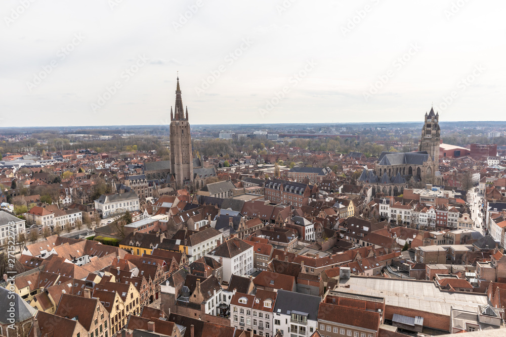 Bruges, Belgium - APRIL 05, 2019: View from above the Belfry tower in Bruges. Panoramic view