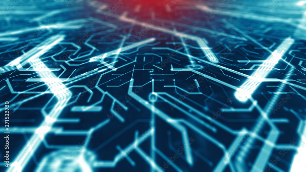 Obraz premium Circuit board blue technology background CPU processing computer data - Conceptual 3D Render Graphic