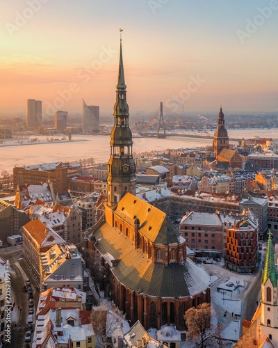 Aerial view of the Riga old town in winter