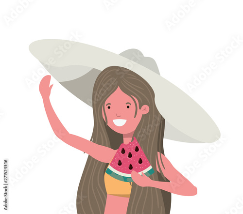 woman with swimsuit and portion of watermelon in hand