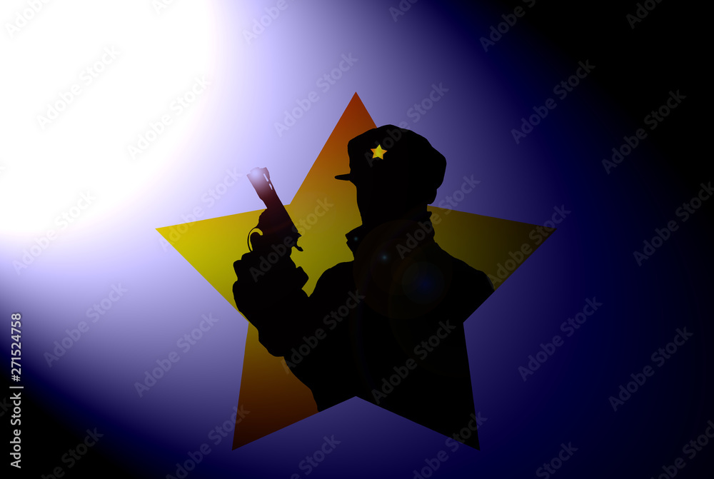 silhouette man with a gun in the star with beam of light and lens flare ...