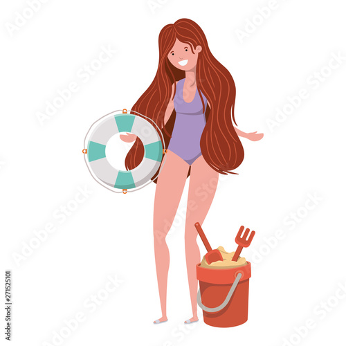 woman with swimsuit and lifesaving float in white background