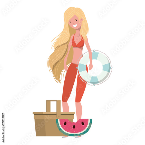 woman with swimsuit and lifesaving float in white background