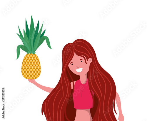 woman with swimsuit and pineapple in hand