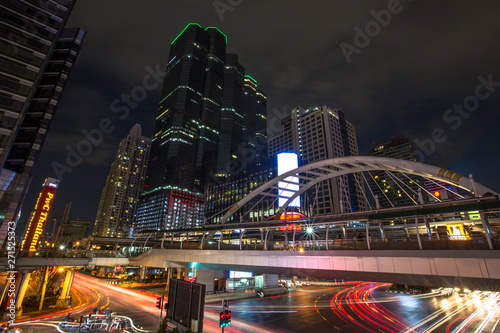 Sky WalkSathorn-Narathiwat intersection(Saphan Chong Nonsi) - Bangkok: May 25,2019,the atmosphere on the road is crowded with traffic and residents gradually return by BTS in Chong area Nonsi,Thailand © bangprik