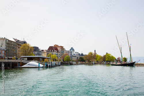 Imege of Evian-les-Bains city port in France taken from ferry boat on Lake Geneva
