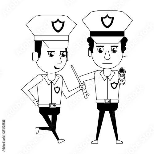 policemen working avatar cartoon character in black and white