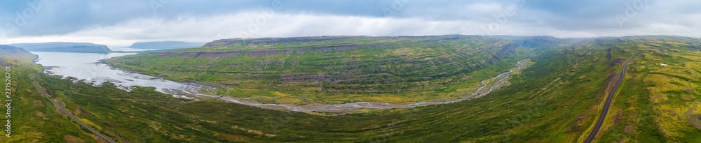 Panorama aerial view of road leading into an iceland westfjord