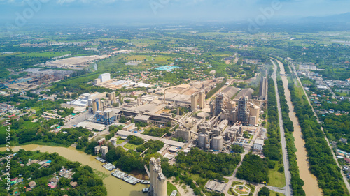 Aerial view of a cement factory, top of view big cement factory