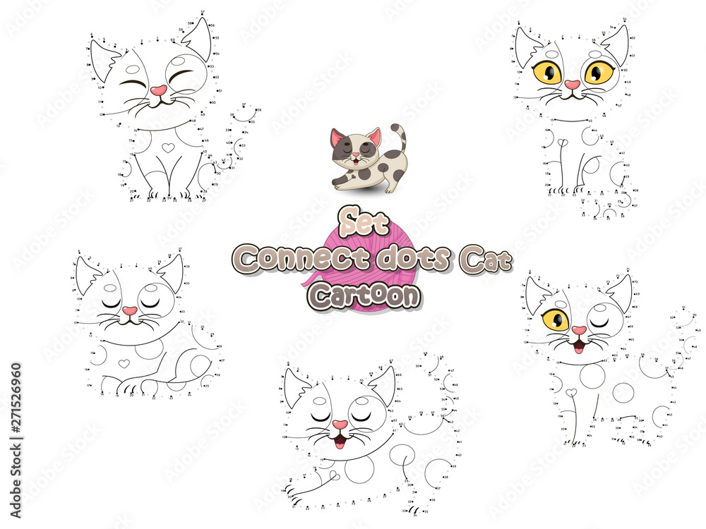 Set Connect The Dots Draw Cute Cartoon Cat and Color. Educational Game for Kids. Vector Illustration Animal Frame