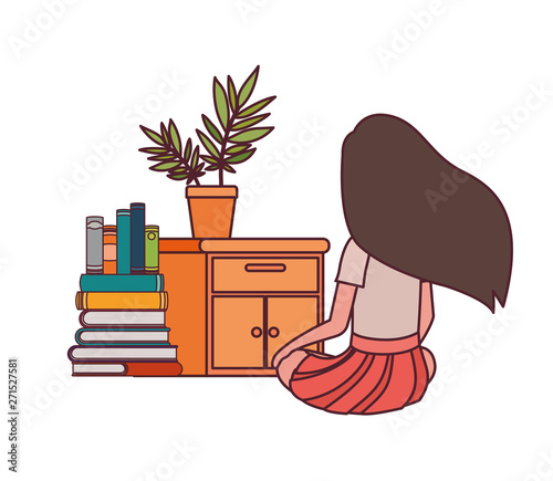 student girl sitting on his back with stack of books