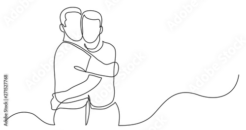 continuous line drawing of gay couple hugging each other