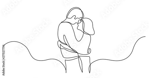 continuous line drawing of loving couple of young man and woman hugging each other