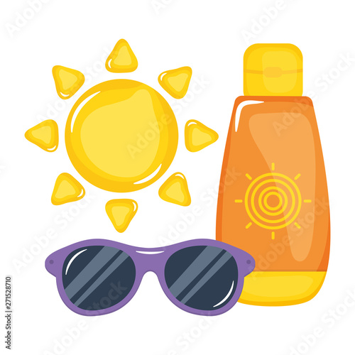 solar blocker bottle with sunglasses and sun