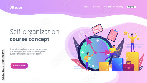 Businessman sets goals and runs up on graph columns for success on time. Self-management, self regulation learning, self-organization course concept. Website vibrant violet landing web page template.