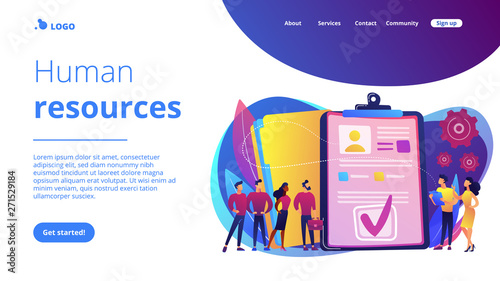 HR managers hiring candidates with hr software and resume on computer. HR software, human resources technology, employee effectivity control concept. Website vibrant violet landing web page template.