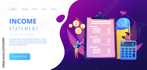 Financial analysts doing income statement with calculator and laptop. Income statement, company financial statement, balance sheet concept. Website vibrant violet landing web page template.